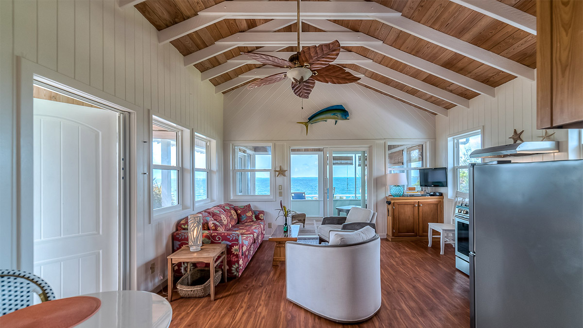 Livingroom at Honeydew vacation rental cottage on Guana Cay